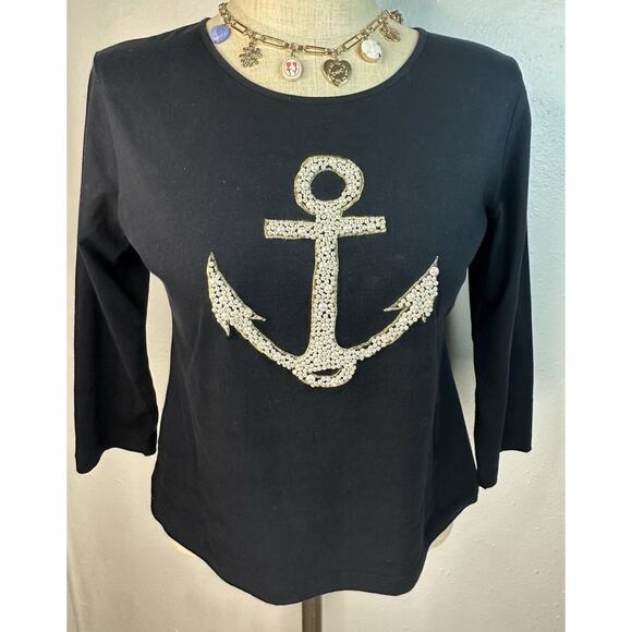 cha cha vente Tops - Cha Cha Vente Size Large Pearl Embellished Nautical Anchor Design Black Top